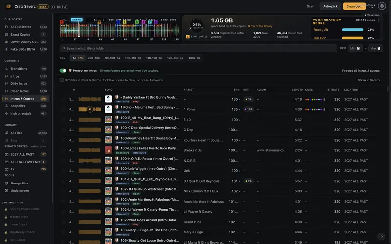 Crate Saverz app showing duplicate songs found on a DJ's hard drive